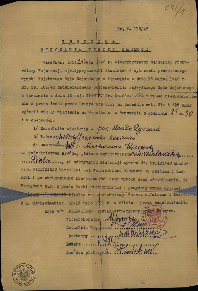 Protokół wykonania wyroku śmierci na Witoldzie Pileckim, AIPN, sygn. 944_418