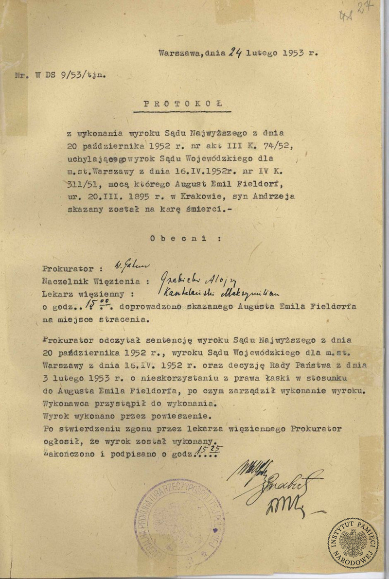 Protokół wykonania wyroku śmierci na Auguście Emilu Fieldorfie ps. Nil, AIPN, sygn. IPN GK 919_1678