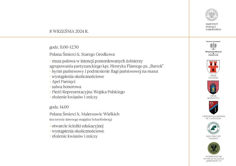 Zapowiedź uroczystości w 78. rocznicę zbrodni na żołnierzach NSZ kpt. Henryka Flamego ps. „Bartek" – Stary Grodków, Malerzowice Wielkie, 8 września 2024