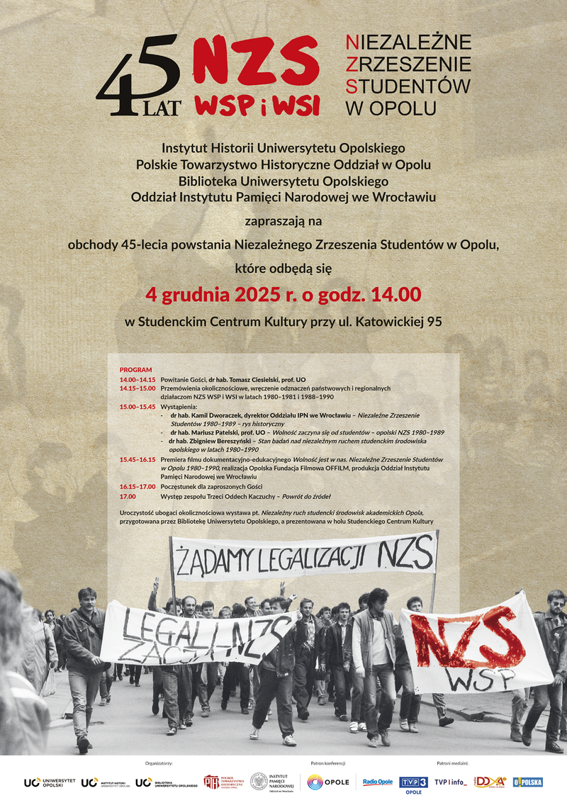 Zapraszamy na obchody 45-lecia Niezależnego Zrzeszenia Studentów na Uniwersytecie Opolskim!