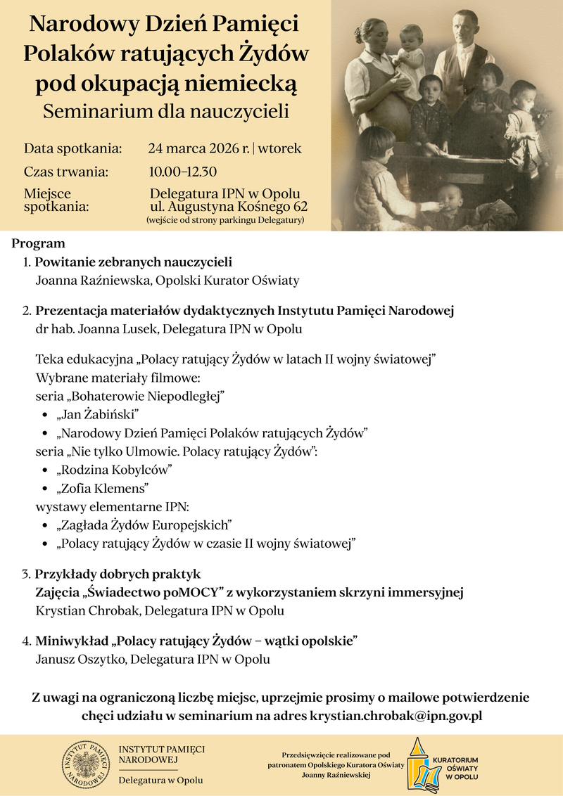 Zapraszamy nauczycieli i edukatorów na seminarium z okazji Narodowego Dnia Pamięci Polaków ratujących Żydów pod okupacją niemiecką