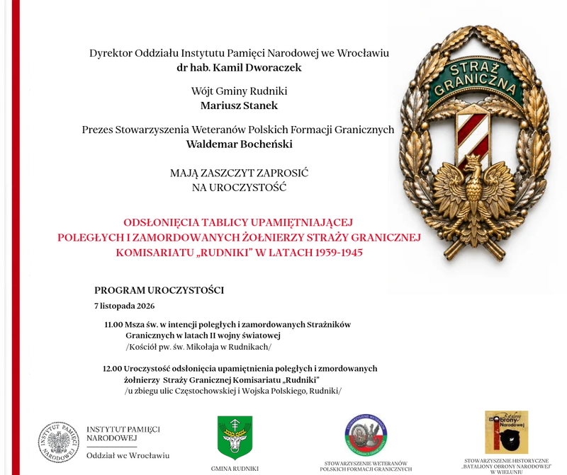 Grafika zapraszająca do udziału w uroczystości upamiętniającej żołnierzy Straży Granicznej Komisariatu „Rudniki”, którzy polegli lub zostali zamordowani w latach II wojny światowej.